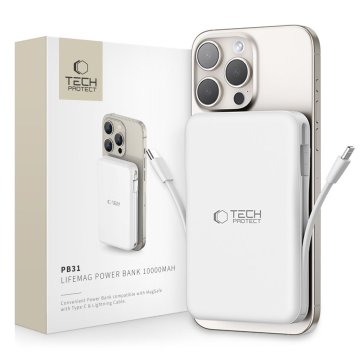 Tech-protect PB31 10000mAh 15W MagSafe magnetna prenosna baterija s kabli USB-C iPhone Lightning - bela