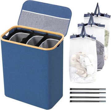 Koš za perilo 145L s 3 predelki, zložljiv organizator za sortiranje perila, vodoodporna Oxford tkanina, bambusov okvir, modra barva, 57x37x68,5 cm, za kopalnico in pralnico, odstranljive vreče