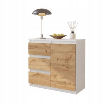 KOMODA MAT BELA / HRAST WOTAN 80 CM 3 PREDALI, 1 VRATA, 1 POLICA