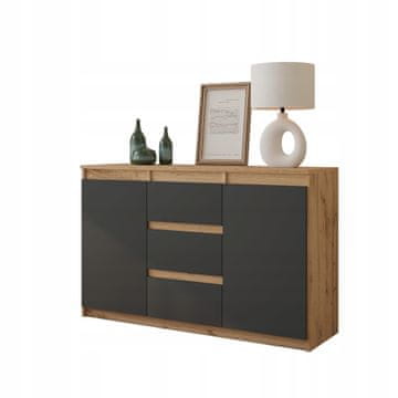 KOMODA WOTAN HRAST/ANTRACIT ŠIRINA 120 CM, 2 VRATA, 2 POLICI, 3 PREDALI