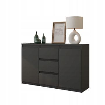 ANTRACITNA KOMODA ŠIRINE 120 CM, 2 VRATA, 2 POLICA, 3 PREDALI