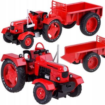 JOKOMISIADA Rdeč kovinski traktor s prikolico, vrtljiva gumijasta kolesa, 1:18 ZA5202