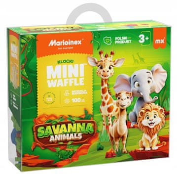 MARIOINEX WAFFLE mini kocke z živalmi savane, 100 kosov, vključno s 16 živalmi