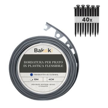 Fleksibilen rob za trato (10 m | 40 talnih sider | višina 4 cm) siv, plastičen, vremensko odporen, rob za gredice - rob za košnjo