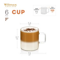 Wilmax | kozarci za čaj in kavo z ročajem | komplet 6 kosov | 100 ml | kozarci za tople in hladne napitke | skodelice za kavo | kozarci za kuhano vino | kozarci za sok | kozarci za vodo |