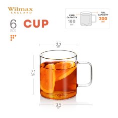 Wilmax kozarci za čaj in kavo z ročajem | komplet 6 kosov | 200 ml | kozarci za tople in hladne napitke | skodelice za kavo | kozarci za kuhano vino | kozarci za sok | kozarci za vodo