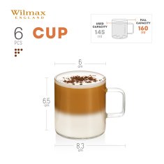 Wilmax | kozarci za čaj in kavo z ročajem | komplet 6 kosov | 100 ml | kozarci za tople in hladne napitke | skodelice za kavo | kozarci za kuhano vino | kozarci za sok | kozarci za vodo