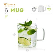 Wilmax kozarci za čaj in kavo z ročajem | komplet 6 kosov | 400 ml | kozarci za tople in hladne napitke | skodelice za kavo | kozarci za kuhano vino | kozarci za sok | kozarci za vodo