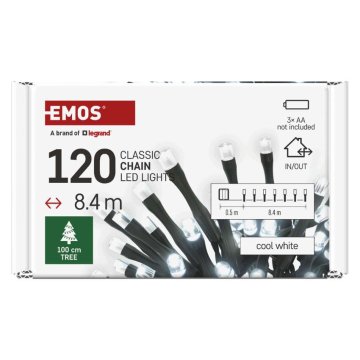 Emos LED božična veriga, 8,4 m, 3x AA, zunanja in notranja, hladna bela, časovnik