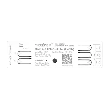MiBoxer MR2 Mini 2v1 LED krmilnik (MONO/CCT, 6A, 12–24V, 2,4 GHz)