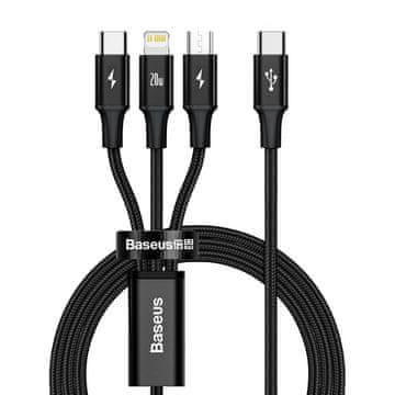 BASEUS Baseus Rapid Series 3v1 USB-C kabel - USB-C / Lightning / Micro USB 20W PD 1.5m - črn - OUTLET