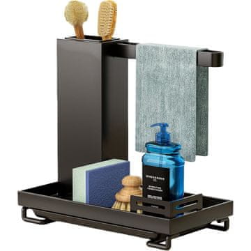 Večnamenski kuhinjski organizator za pomivalno korito iz nerjavnega jekla, črn, 24,5x15x25 cm, s pladnjem za odcejanje, za gobice, krpe in detergente, stabilen in enostaven za montažo, moderen dizajn