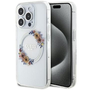 Guess GUESS etui za iPhone 15 Pro Max, združljiv z MagSafe, GUHMP15XHFWFCT (Flowers Wreath), prozoren