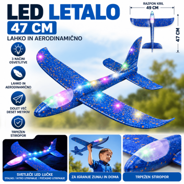 Verkgroup LED jadralno letalo 47 cm – lahko otroško letalo z osvetlitvijo, modro