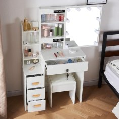 Inlea toaletni stol INARA s taburejem, LED osvetlitvijo (LED žarnice) in 4 predali - bel