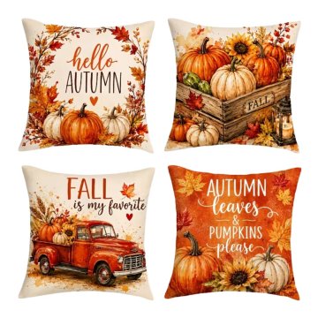 Netscroll Komplet 4 prevlek za okrasne blazine z jesenskimi motivi 45 × 45 cm, AutumnPillows