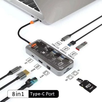 KJB Večportni adapter USB-C z video izhodi in omrežnim priključkom USB-C, 8-v-1