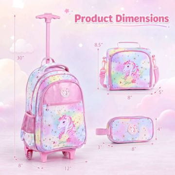 Northix 3 delni komplet nahrbtnikov na kolesih Unicorn s torbo za malico in etuijem