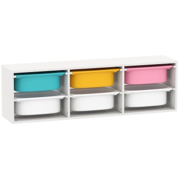 AIYAPLAY Lesena Polica za Igrače za Otroke, Montessori Knjižnica s 6 Odstranljivimi Plastičnimi Posodami, za Otroške Sobe, Vrtce, Igralnice, 97x21x29 cm, Večbarvna