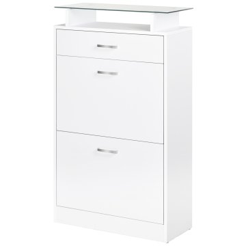 HOMCOM Mobilna omara za čevlje z 2 vrati in 2 nivoji, predalom in stekleno polico, prostor varčna lesena omara za čevlje za vhod in hodnik, 60x24x105.5 cm, bela
