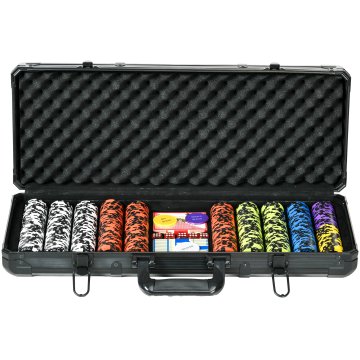 SPORTNOW Kompletni poker set s 500 žetoni, 2 krovoma kart, 5 kockami, gumbi in zaščitnim kovčkom, poker set iz aluminija, ABS, plastike in akrila, črn