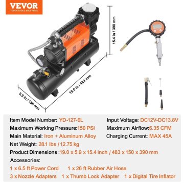 KJB 12-V kompresor za pnevmatike, 150 PSI, s 6-litrskim rezervoarjem 12-V kompresor za pnevmatike, 150 PSI, s 6-litrskim rezervoarjem / 6-litrski rezervoar
