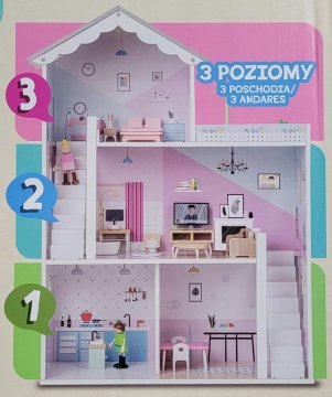 Fun Lesena hišica za punčke z dodatki, dvonadstropna, 80 cm pohištvo, figurice