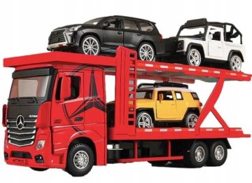 MODEL AVTOMOBILA MERCEDES-BENZ ACTROS TIR LAWETA 3 CARS SET TRANSPORTER RDEČ