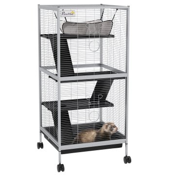 PAWHUT Gabbia per piccoli roditori in acciaio, gabbietta per porcellini d'india e cincillà con 3 piani, 4 ruote, amaca e vassoio rimovibile, 52 x 52 x 113.5cm, grigio chiaro