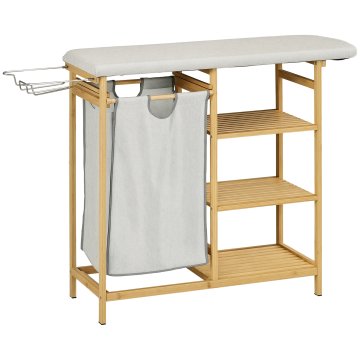 HOMCOM Koš za perilo iz bambusa z likalno desko, polica s 3 nivoji in koš iz poliestra, koš za perilo izvlečen in odstranljiv, 113x34x82 cm, barva lesa in siva