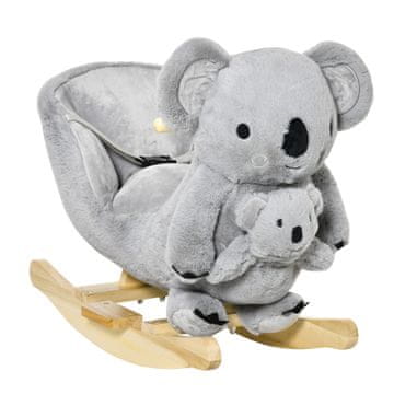 HOMCOM Gugalni konj koala iz pliša polnjen z zvoki, varnostni pas in lesena podlaga, 60x33x50cm, siva