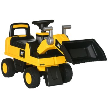 HOMCOM Ruspa igrača za otroke 18 in 36 mesecev z licenco caterpillar in prostor za shranjevanje, kopač igrača za jahanje iz PP in kovine z trobento in naslonjalom, 78x29.5x54 cm, rumena in črna