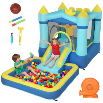 AIYAPLAY Napihljivi grad za otroke 4 v 1, tobogan, trampolin, bazen z žogicami/vodo, košarka, žoga, vodne pištole, puhalnik, torba za prenašanje, notranji in zunanji, 3-8 let, 364x173x182cm modra