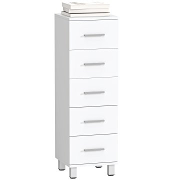 HOMCOM Vitka kopalniška omara z 5 predali, prostorsko varčna kopalniška omarica z ročajem, ozka moderna predalniška omara, za dnevno sobo, spalnico, kuhinjo, 30x30x95 cm, bela