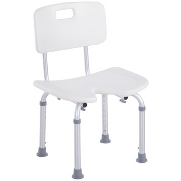HOMCOM Nastavljiv tuš stol na 8 stopnjah z drenažnimi luknjami in u-oblikovanim sediščem, tuš stol iz aluminija in PE, 48x42x71-83.5 cm, bel in srebrn