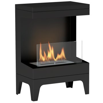 HOMCOM Talni bioetanolski kamin s gorilnikom 0.9L za trajanje 3.3 ure, biokamin iz jekla in stekla, samostoječi etanolni kaminček pokritost 20m2, 38x22x54 cm, črna