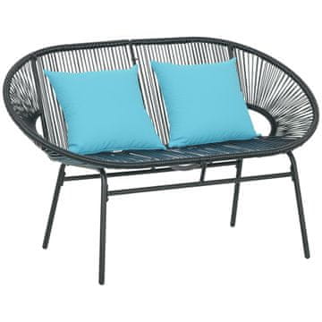 OUTSUNNY Vrtni kavč iz PE rattana za 2 osebi, zunanji kavč z blazinami, nasloni za roke in jeklenim okvirjem, zunanja klop, za teraso in dvorišče, 132x72x83 cm, črna