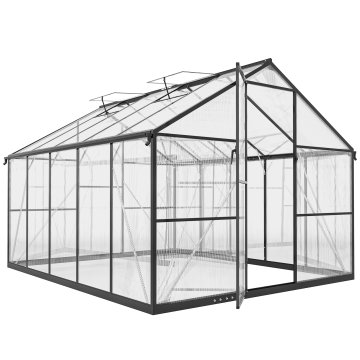 OUTSUNNY Vrtni rastlinjak iz polikarbonata z aluminijastim okvirjem 7.5m2, rastlinjak za vrt z žlebovi, 2 nastavljivi strešni okni, enokrilna vrata, za rastline, UV zaščita, 304x247x205cm, črna