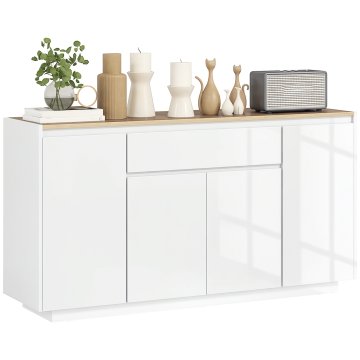 HOMCOM Kuhinjska kredenca s 3 omaricami in 4 vrati, sodobna kuhinjska omara s predalom, nastavljiva polica in vrata s soft-close, MDF lesena omara za dnevno sobo in jedilnico, 140x40x75 cm, bela