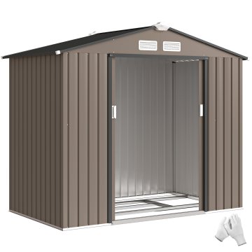 OUTSUNNY Vrtna hišica 2.5m² iz pocinkanega jekla s podnožjem in zračniki, lopa za orodje s poševno streho, dvojna drsna vrata z zaklepanjem, 213x130x185 cm, rjava