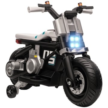 HOMCOM Električni motor za otroke 6V s kolesci, hupa, 4 svetilke in glasba, električni skuter za otroke 3-5 let iz PP in kovine, hitrost 3 km/h, 86x44x58 cm, bela