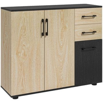 HOMCOM Kredenca moderna za kuhinjo in dnevno sobo, kredenca za kuhinjo z nastavljivo polico, 2 omarici in 2 predala, sodoben dizajn, 90x30x75.5cm, oreh in črna