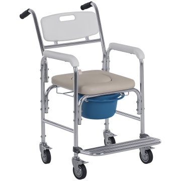 HOMCOM Nepremočljiv invalidski voziček z WC sedežem iz umetnega usnja, 4 kolesa, odstranljiva posoda za starejše/invalidne, 84x54x96cm