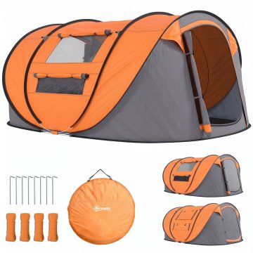 OUTSUNNY Pop-Up kampirni šotor za 3 osebe, družinski kampirni šotor 3 mesta 2000mm z vrati, stranskimi okni in torbo za prenos, anti UV 20+, 263.5x220x123 cm, oranžna