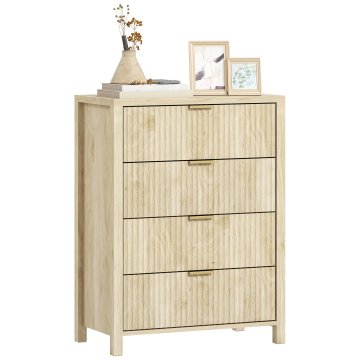 HOMCOM Predalnik za spalnico s 4 rebrastimi predali, lesena komoda za spalnico z zlatimi ročaji, za dnevno sobo, jedilnico in hodnik, 70x38x93 cm, naravni les