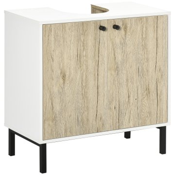 KLEANKIN Omara pod umivalnikom z 2 vrati z notranjo polico iz iverne plošče in jekla, 60x30x60 cm, bela in hrast