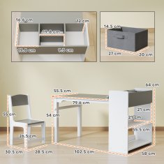 AIYAPLAY Komplet mize in stolov za otroke 3-8 let z 2 stoloma in mizo s prostorom za shranjevanje, pohištvo za otroke iz MDF, borovega lesa in netkanega blaga, siva in bela