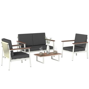 OUTSUNNY Vrtni komplet sedežne garniture 4 deli, komplet vrtnega pohištva iz akacijevega lesa in kovine z dvosedežnim kavčem, 2 fotelja, mizo, blazinami, pletenim naslonjalom, zunanji salonček, siva