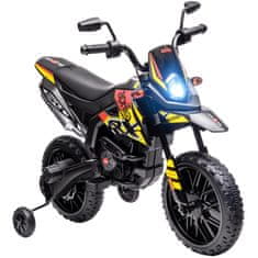 AIYAPLAY 12V aprilia električni motocikel za otroke od 37 do 96 mesecev z dvojnimi motorji, električni motor z snemljivimi podpornimi kolesci, žarometi, usb vrata in glasba, 6 km/h, nosilnost 30 kg, rumena