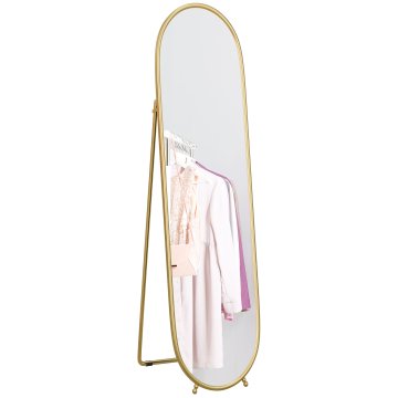 HOMCOM Moderno ovalno talno ogledalo, 40x160 cm samostoječe celotno ogledalo proti eksploziji s kovinskim okvirjem in podporo, za spalnico, dnevno sobo in vhod, zlato